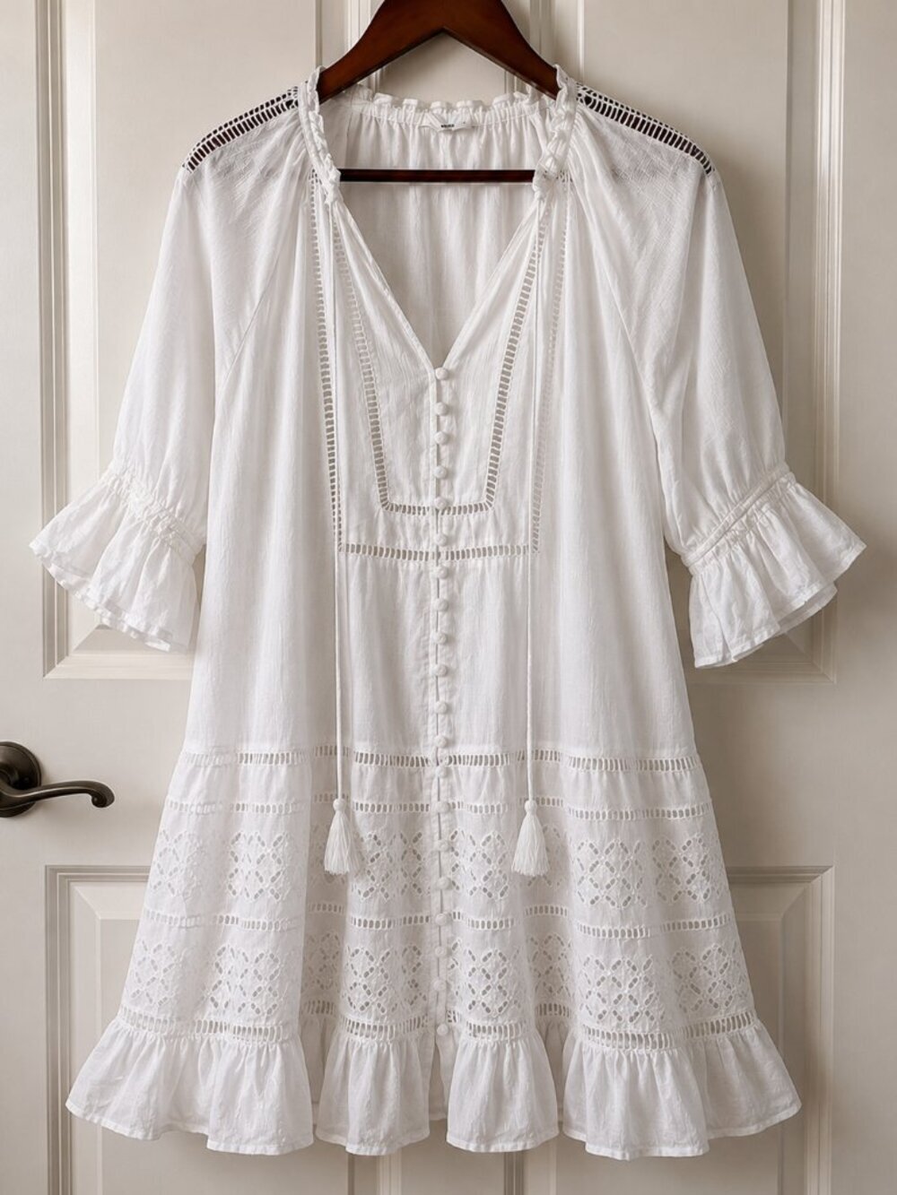 A Loves A White Cotton Boho Peasant Dress XS Lace Eyelet Cottagecore Prairie